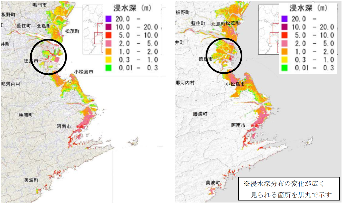 前回の津波浸水深分布と今回の津波浸水深さ分布