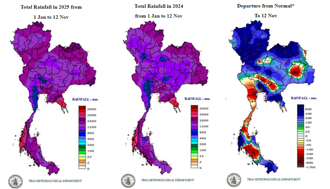 2025年11月12日時点の累積降雨量、昨年同時期の累積降雨量、平年値との差異についてのタイ国内分布図