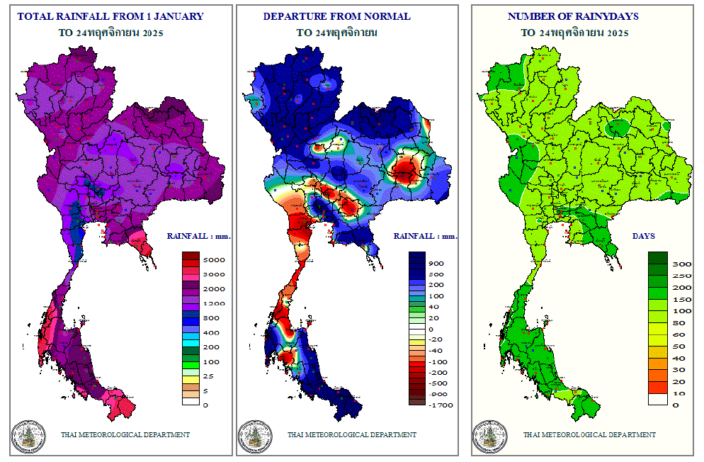 左から2025年11月24日時点の累積降雨量、累積降雨量の平年値との差異、降雨日