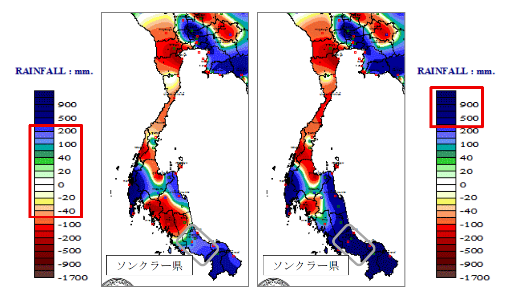 累積降雨量の平年値との差異(タイ南部)