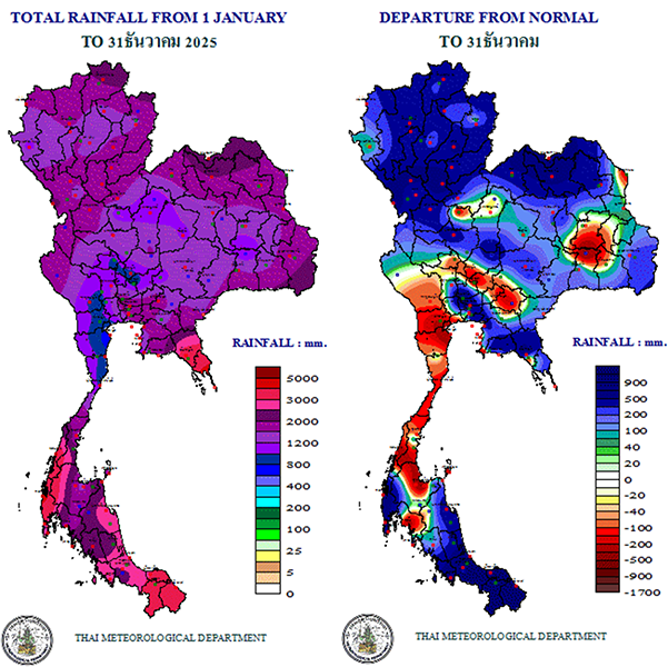 図表3：2025年（1月1日から12月31日まで）の累積降雨量（左）、平年値との差異（右）についてのタイ国内分布図