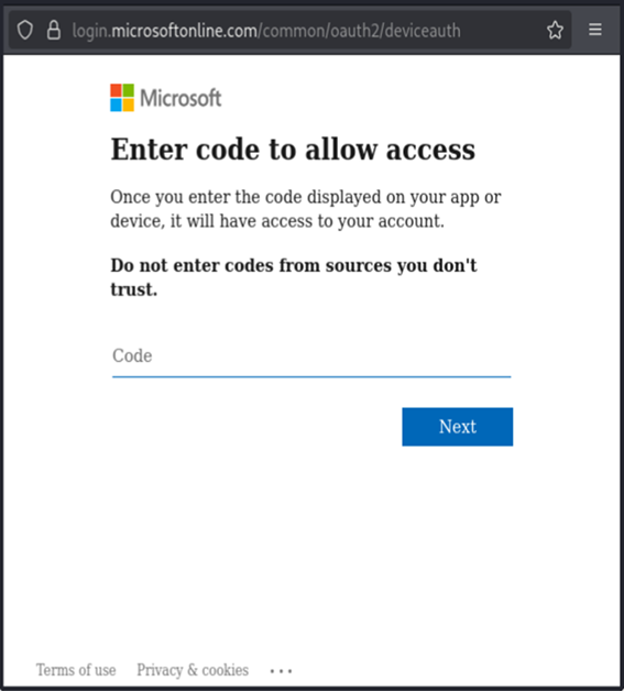図4 デバイスコードの正規認証画面の例