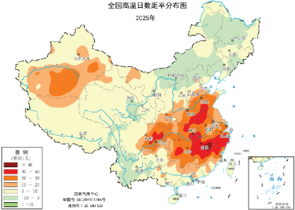 2025年全国高温日数平均分布(単位:日)