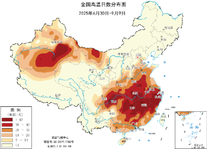 2025年6月30日～9月9日の全国高温日数分布(単位:日)